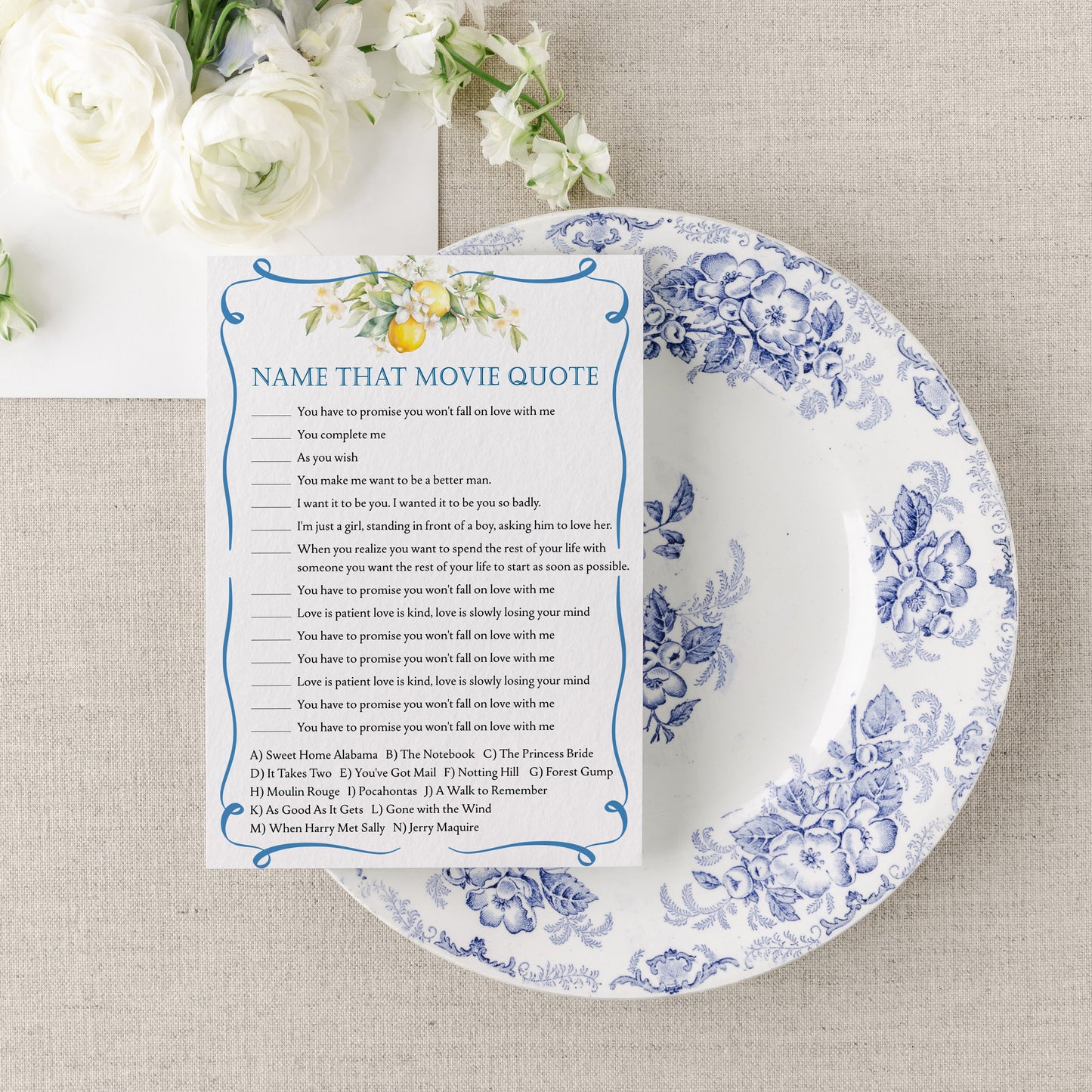 Blue Citrus Lemon Bridal Shower Game Cards