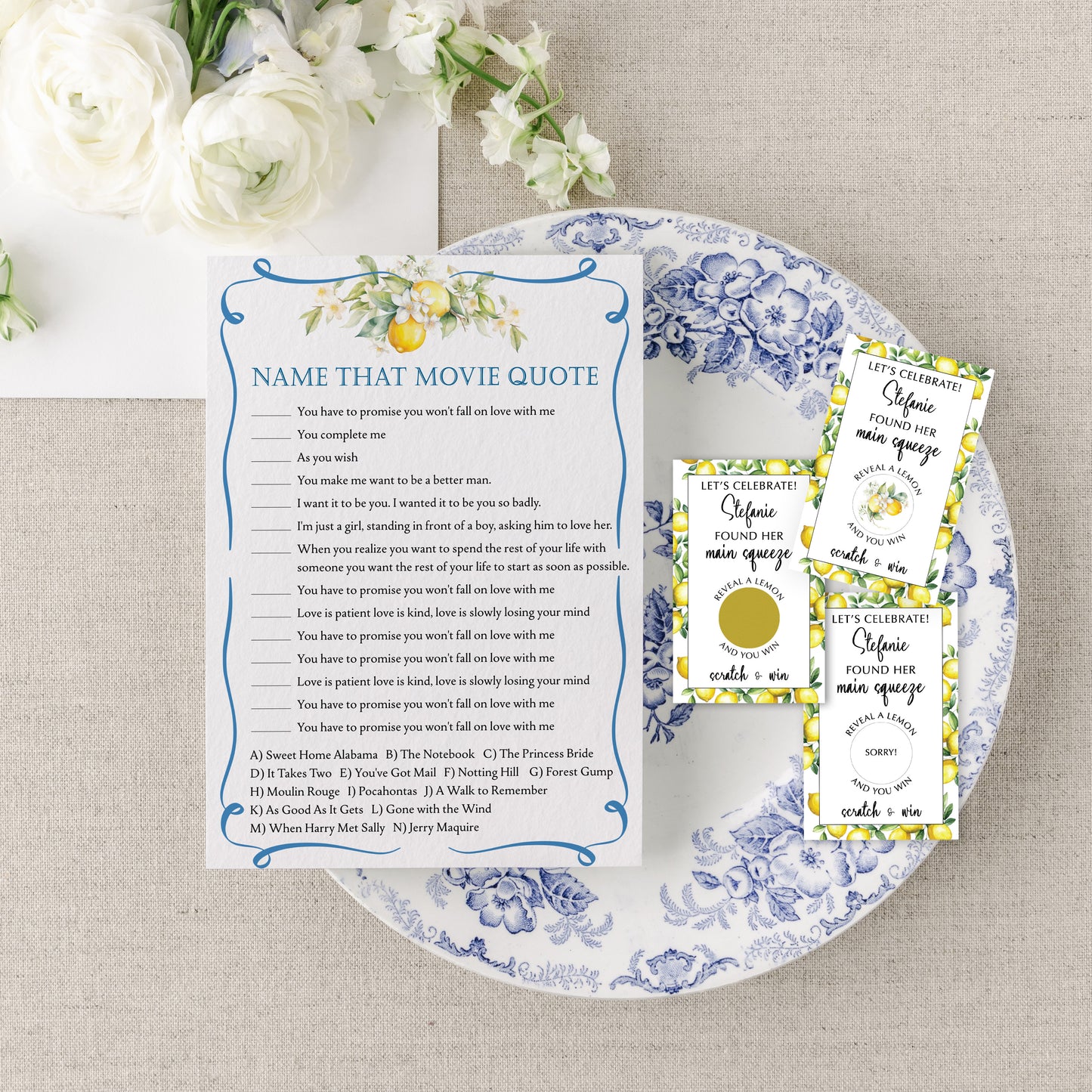 Blue Citrus Lemon Bridal Shower Game Cards