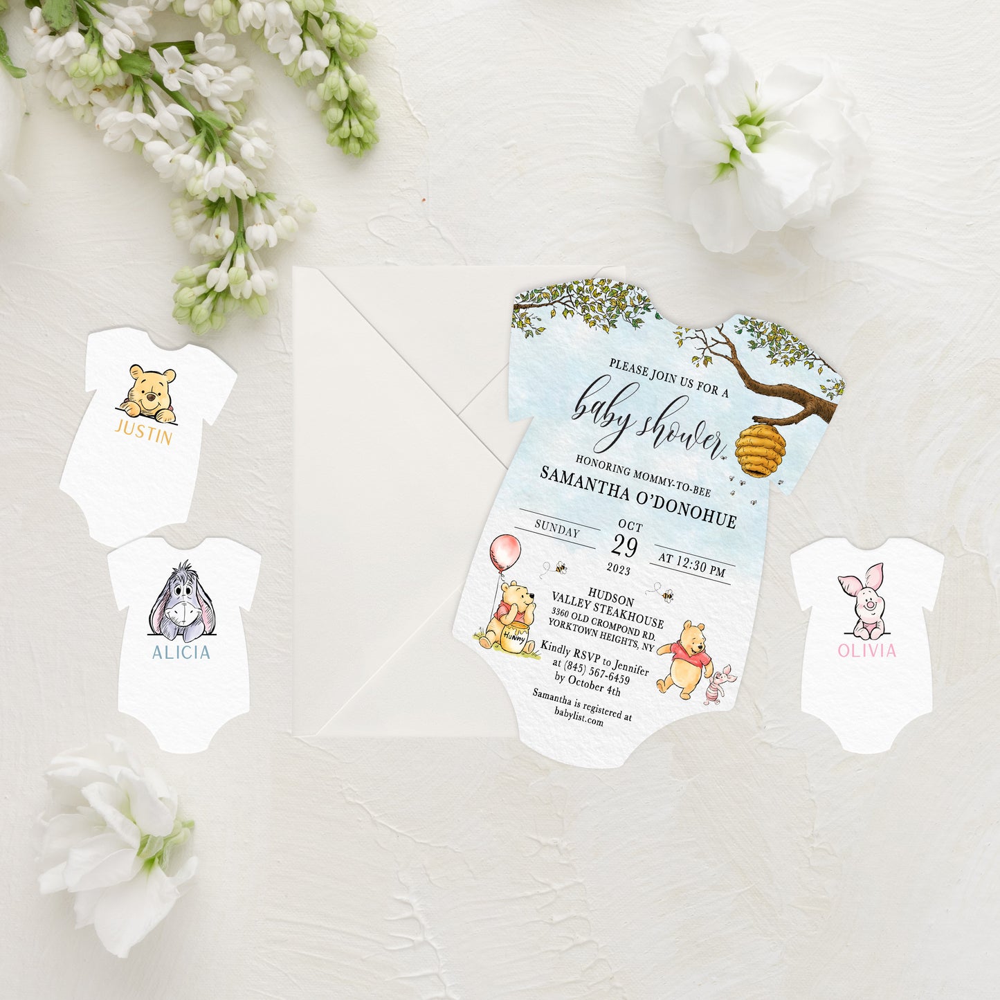 Winnie the Pooh Onesie Shape Baby Shower Invitation