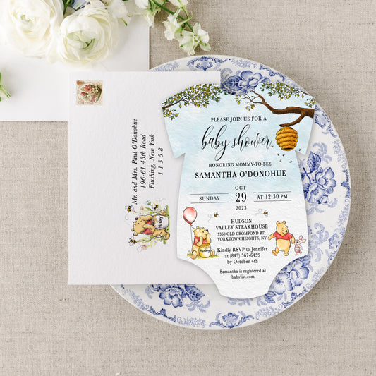 Winnie the Pooh Onesie Shape Baby Shower Invitation