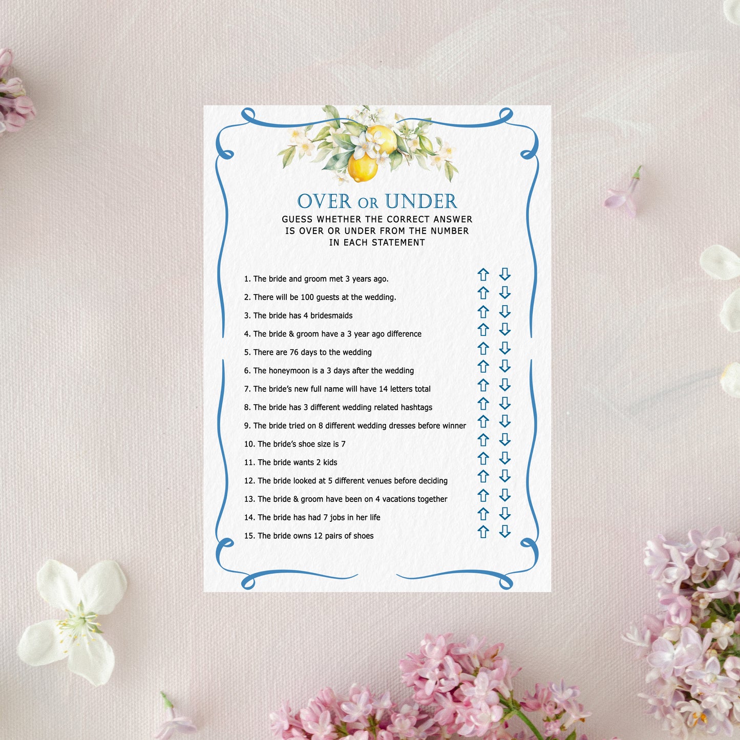 Blue Citrus Lemon Bridal Shower Game Cards