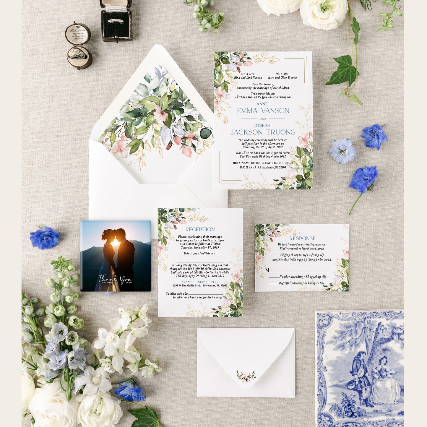 RACHEL | Bilingual Vietnamese Wedding Invitation Suite Bundle with 3" Square Photo Magnet Button Option