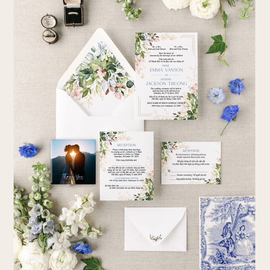 RACHEL | Bilingual Vietnamese Wedding Invitation Suite Bundle with 3" Square Photo Magnet Button Option