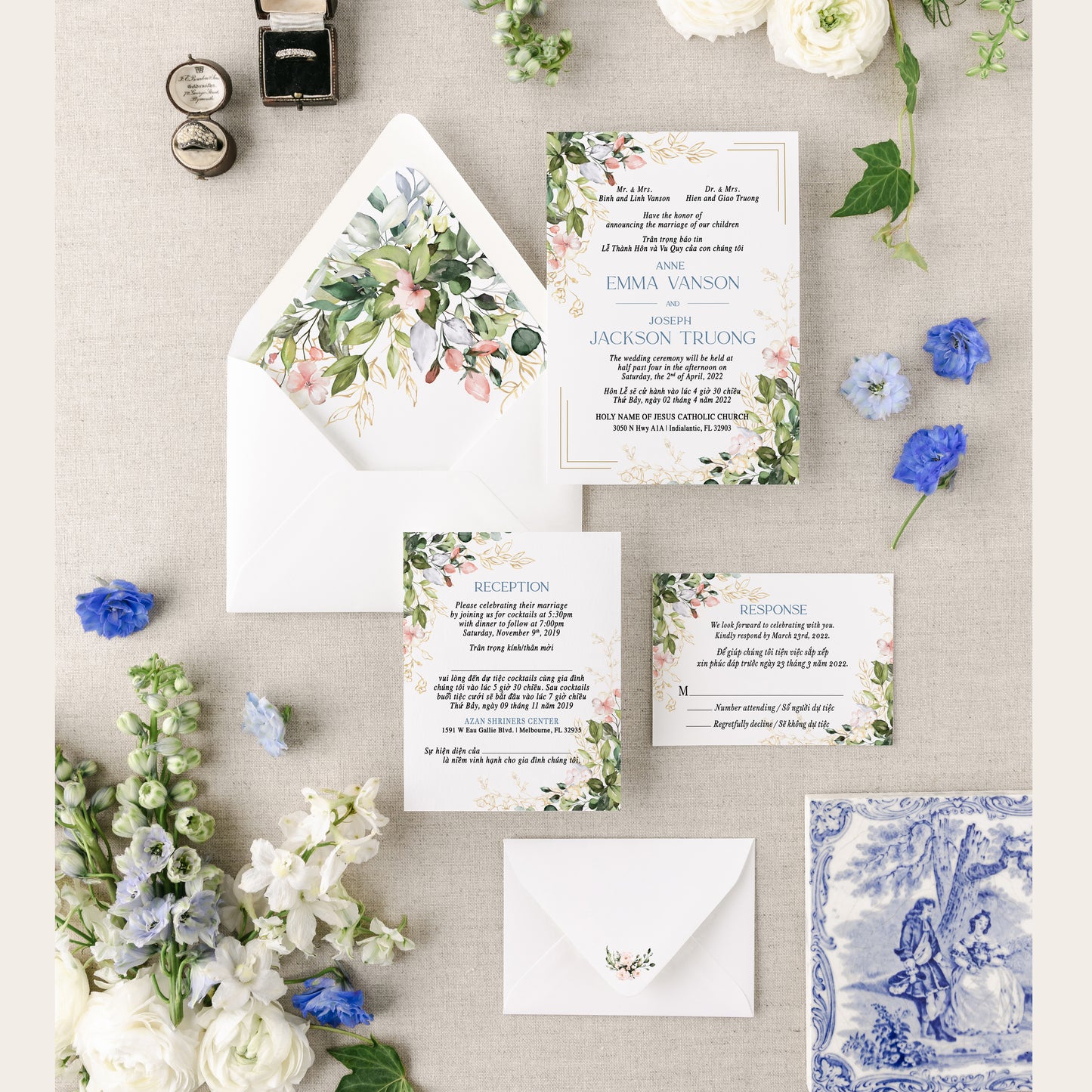 RACHEL | Bilingual Vietnamese Wedding Invitation Suite Bundle with 3" Square Photo Magnet Button Option