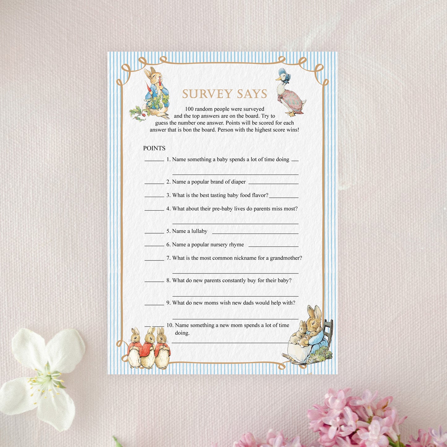 Peter Rabbit Baby Shower Game Cards