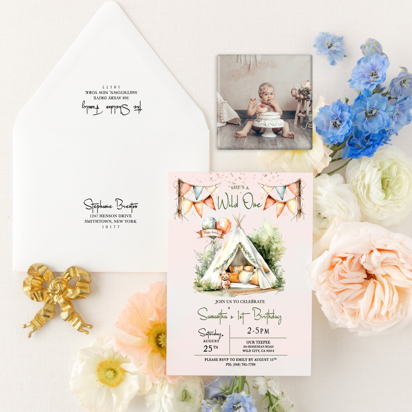 1st Birthday Teepee Invitation Bundle with 3" Square Photo Magnet Button Option