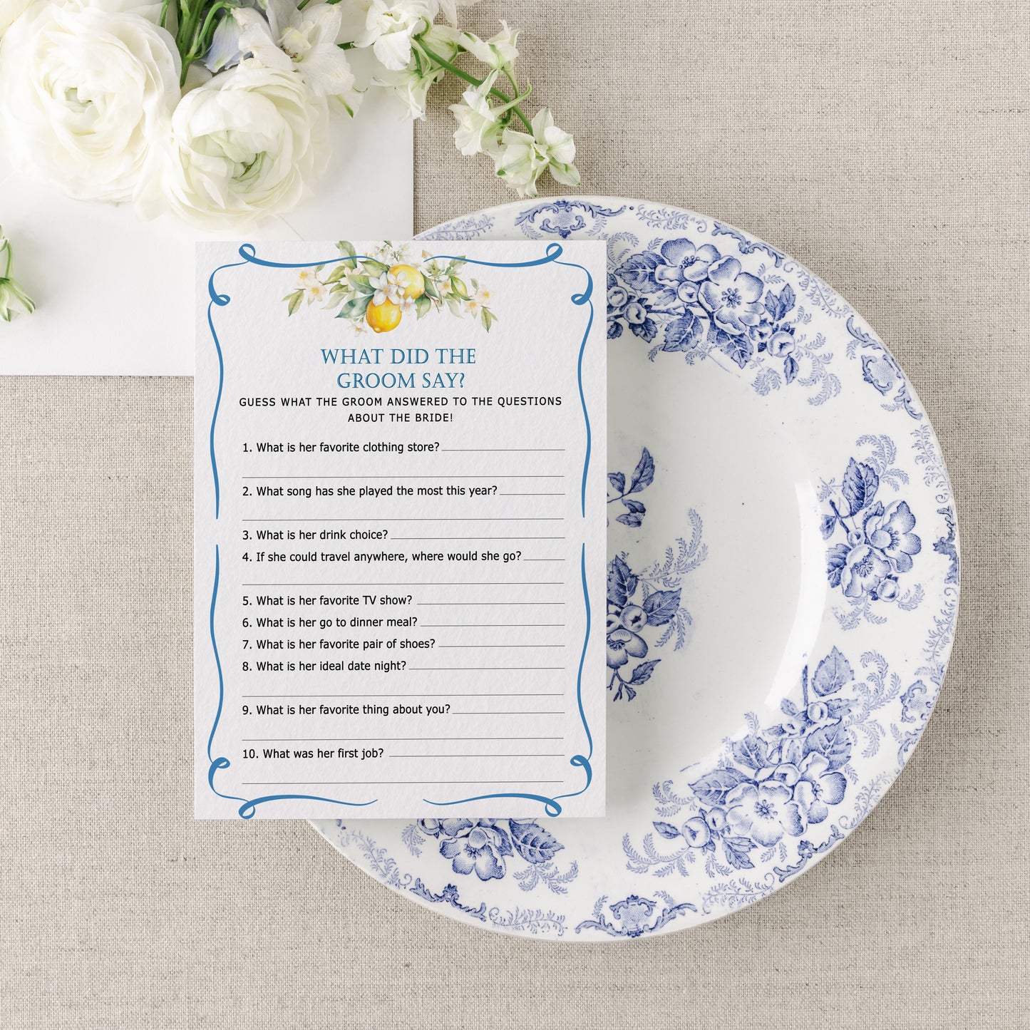 Blue Citrus Lemon Bridal Shower Game Cards