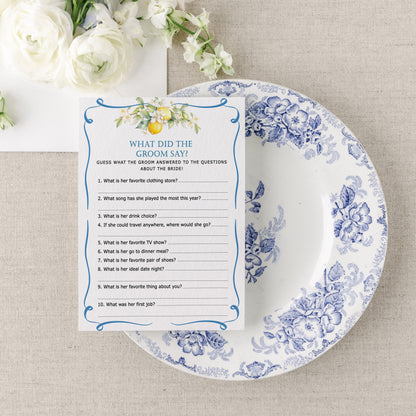 Blue Citrus Lemon Bridal Shower Game Cards
