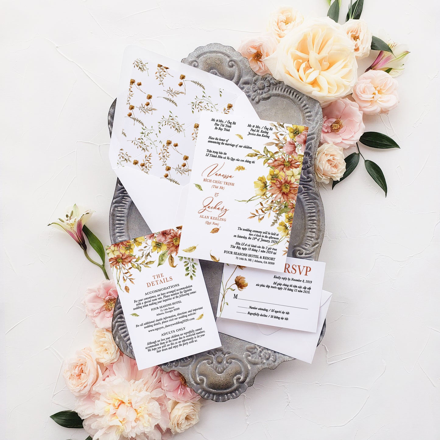 WINSLET | Bilingual Vietnamese Wedding Invitation Suite Bundle with 3" Square Photo Magnet Button Option