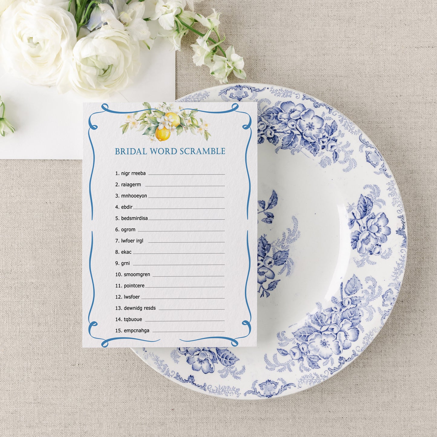 Blue Citrus Lemon Bridal Shower Game Cards