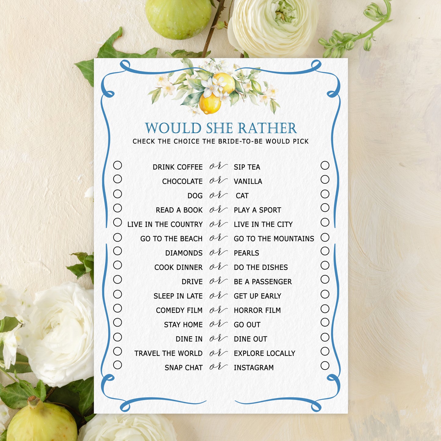 Blue Citrus Lemon Bridal Shower Game Cards