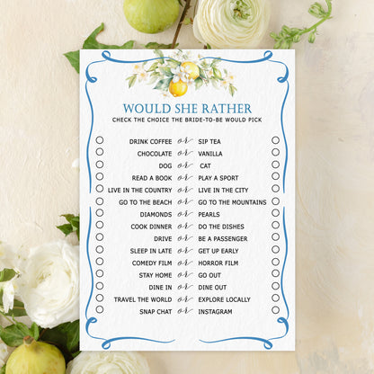 Blue Citrus Lemon Bridal Shower Game Cards