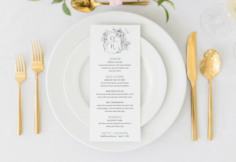 JULIETTE | Floral Crest Menus – Bilingual Invitations