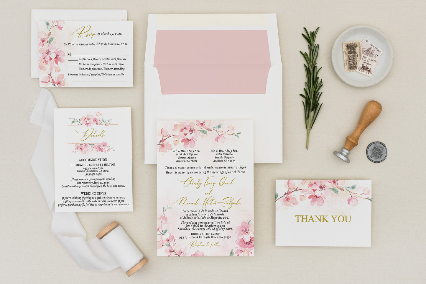 Emma Bilingual Spanish Cherry Blossoms Wedding Invitation Suites